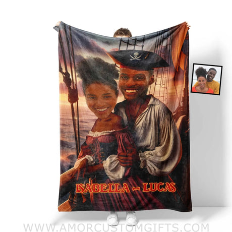 Blankets Personalized Funny Pirate Couple 5 Blanket | Custom Face & Name Couple Blanket