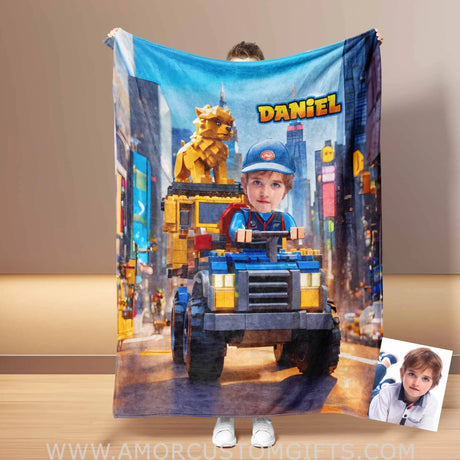 Blankets Personalized Interlocking Building Blocks Classic Vehicle 2 Photo Blanket | Custom Face & Name Blanket For Boys