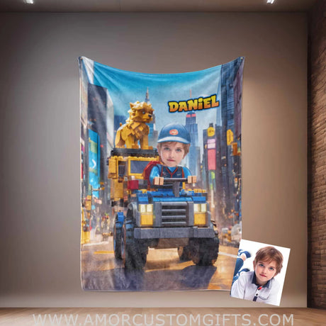 Blankets Personalized Interlocking Building Blocks Classic Vehicle 2 Photo Blanket | Custom Face & Name Blanket For Boys