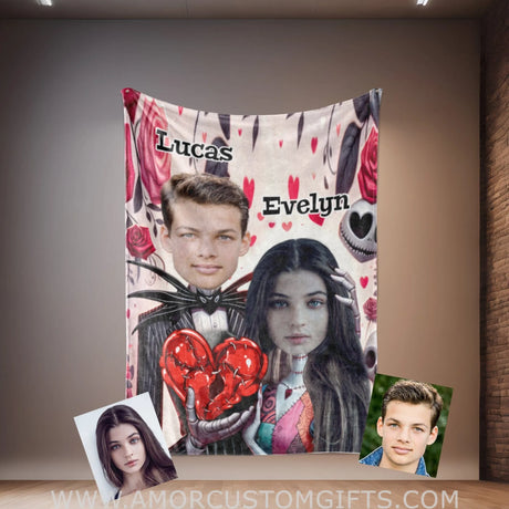 Blankets Personalized Jack Sally 2 Blanket | Custom Face & Name Couple Blanket