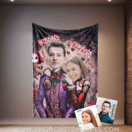 Blankets Personalized Joker Harley Couple 2 Blanket | Custom Face & Name Couple Blanket