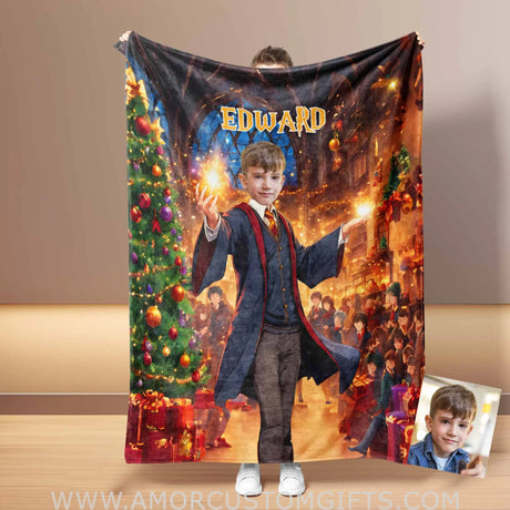 Blankets Personalized Magical Wizard Boy 1 Xmas Blanket | Custom Face & Name Blanket For Boys