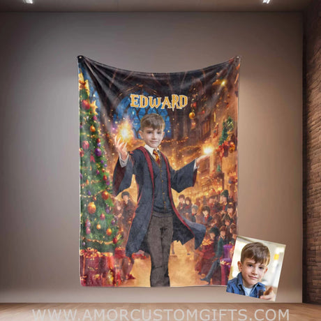 Blankets Personalized Magical Wizard Boy 1 Xmas Blanket | Custom Face & Name Blanket For Boys