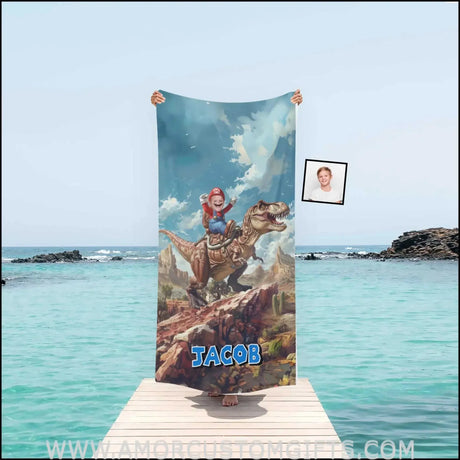 Towels Personalized Mario Riding T-rex Photo Beach Towel