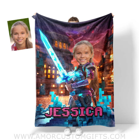 Blankets Personalized Minecraft Girl Netherite Sword Blanket | Custom Name & Face Girl Blanket