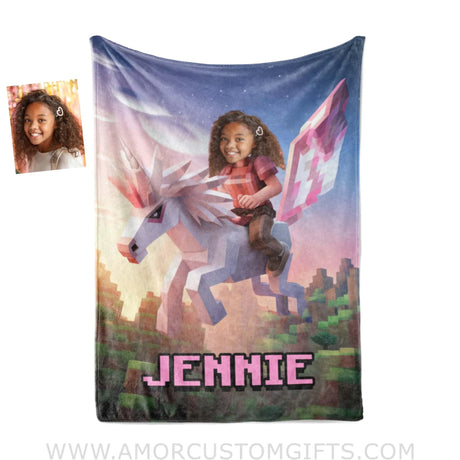 Blankets Personalized Minecraft Girl Riding On Minecraft Unicorn Blanket | Custom Name & Face Girl Blanket