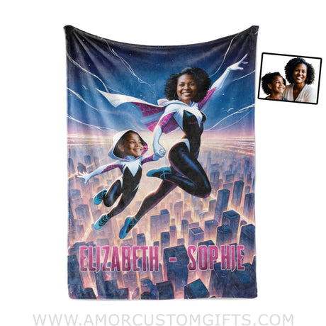 Blankets Personalized Mother Day's Gwen Mother Daughter Flying In The Sky Blanket | Custom Face & Name Mom Daughter Blanket
