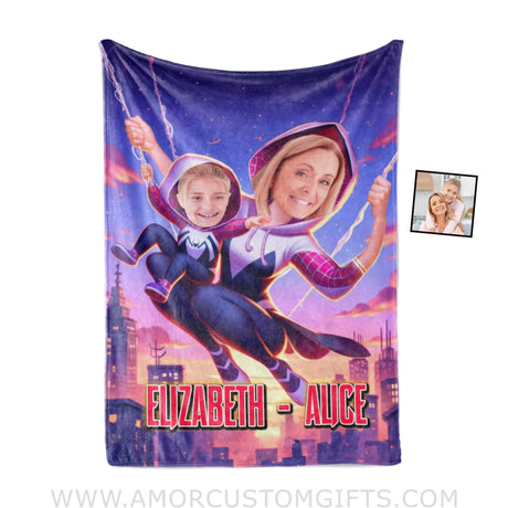 Blankets Personalized Mother Day's Gwen Mother Daughter Flying Pink Sky Blanket | Custom Face & Name Mom Daughter Blanket