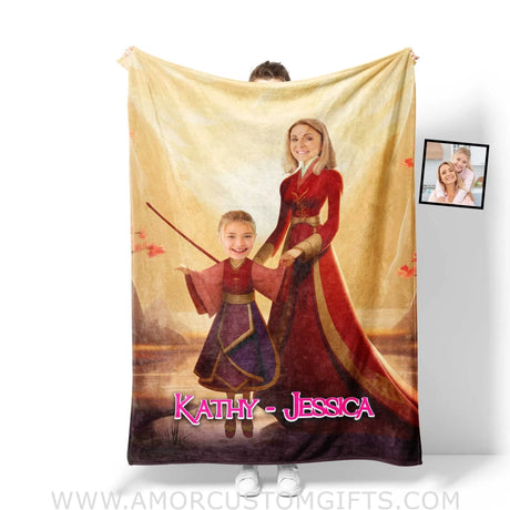 Blankets Personalized Mother Day's Mulan Mother Daughter Blanket | Custom Face & Name Mom Daughter Blanket