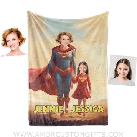 Blankets Personalized Mother Day's Super Mom & Daughter Blanket | Custom Face & Name Mom Daughter Blanket