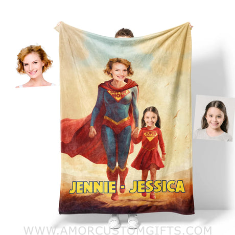 Blankets Personalized Mother Day's Super Mom & Daughter Blanket | Custom Face & Name Mom Daughter Blanket