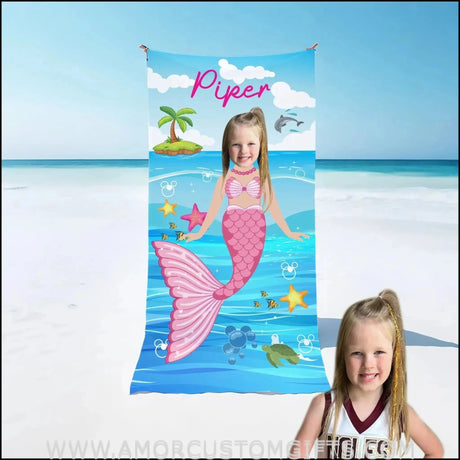 Towels Personalized Name & Face Summer Mermaid In Pink Girl Beach Towel