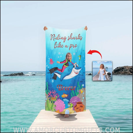 Towels Personalized Name & Photo Summer Girl Riding Sharks Like A Pro Beach Towel