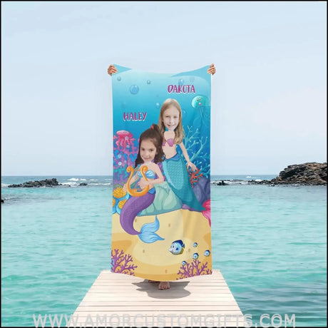Towels Personalized Name & Photo Summer Mermaid And Friend Beach Towel