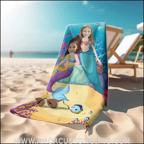 Towels Personalized Name & Photo Summer Mermaid And Friend Beach Towel