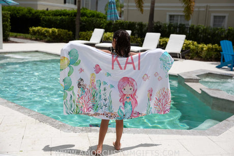 Towels Personalized Name Summer Mermaid Watercolor Beach Towel