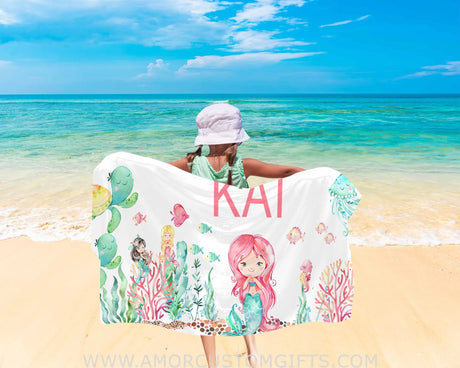 Towels Personalized Name Summer Mermaid Watercolor Beach Towel