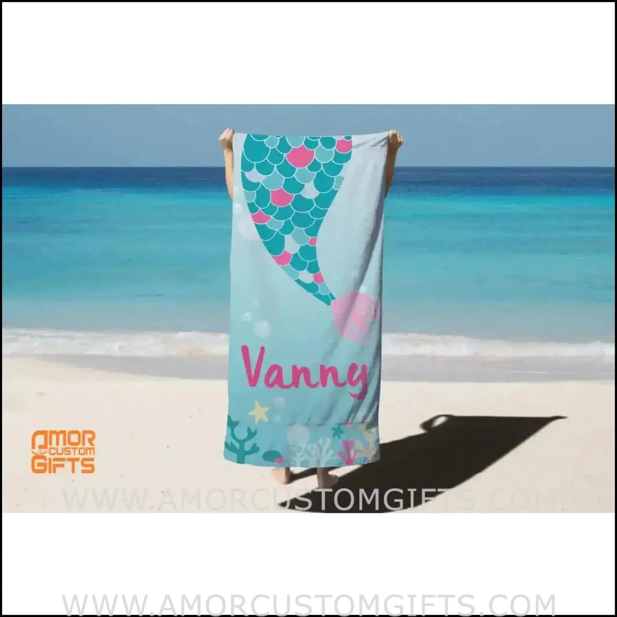 Towels Personalized Name Towel Kids Beach Towel, Mermaid Tail Aqua Towels