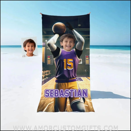 Towels Personalized NBA Los Angeles Basketball Boy Lakers Photo Beach Towel | Customized Name & Face Boy Towel