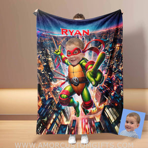 Blankets Personalized Ninja Boy 13 Photo Blanket | Custom Face & Name Mutant Turtle Red Bandana Cute Hand Blanket