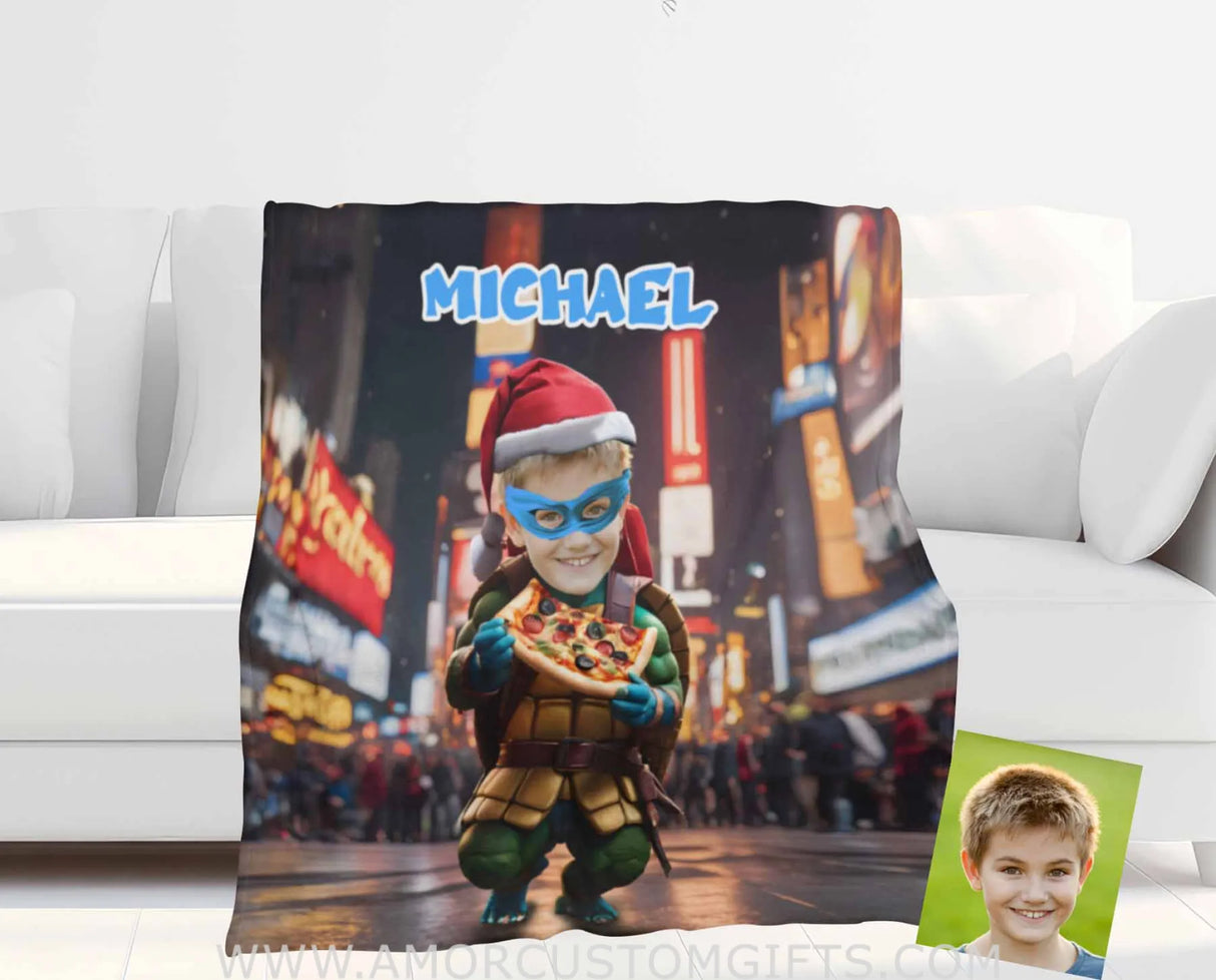 Blankets Personalized Ninja Boy 2 Xmas Pizza Blanket | Custom Face & Name Blanket For Boys