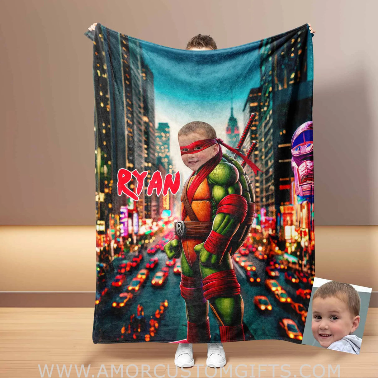 Blankets Personalized Ninja Boy Photo Blanket | Custom Face & Name Mutant Turtle Blue Bandana Blanket