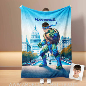 Blankets Personalized Ninja Boy 15 Photo Blanket | Custom Face & Name Mutant Turtle Blue Bandana In Washington DC Capital Hill Blanket