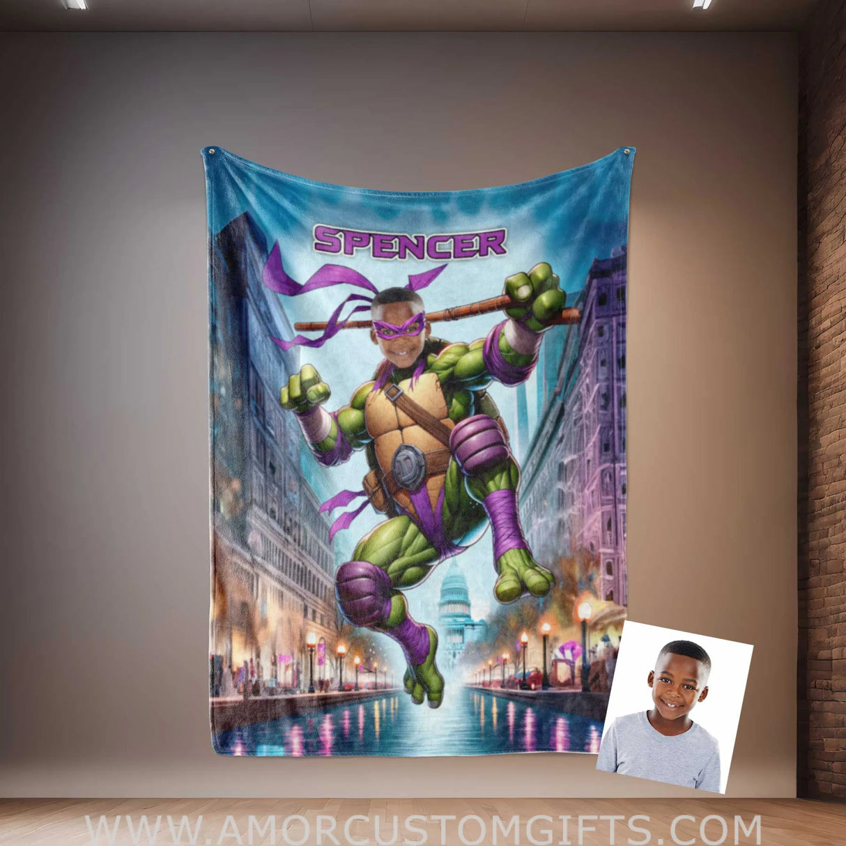 Blankets Personalized Ninja Boy Photo Blanket | Custom Face & Name Mutant Turtle Purple Bandana Blanket