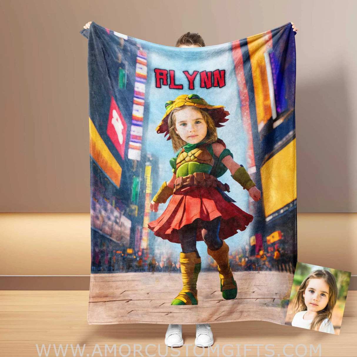Blankets Personalized Ninja Girl Cosplay Turtle Hat NY Time Square Blanket | Customized Mutant Turtle Girl Photo Blanket