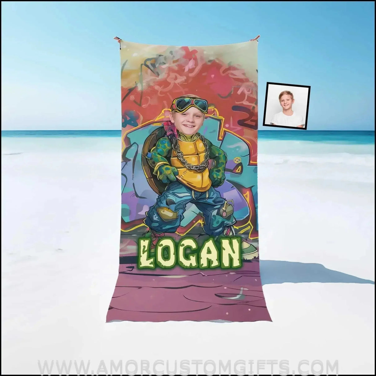 Towels Personalized Ninja Turtle Graffiti Street Style Photo Beach Towel | Customized Name & Face Boy Towel