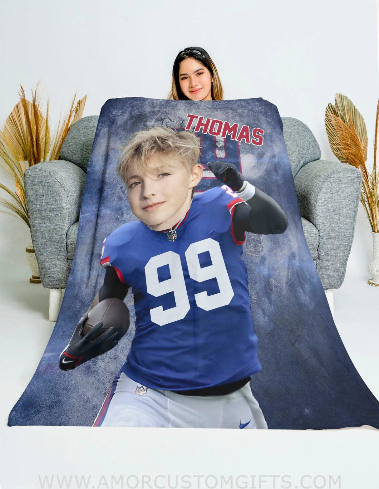 Blankets Personalized NY Football Boy Giants Blanket | Custom Face & Name Football Boys Blanket