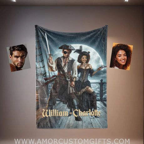 Blankets Personalized Pirate Couple 2 Blanket | Custom Face & Name Couple Blanket