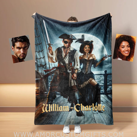 Blankets Personalized Pirate Couple 2 Blanket | Custom Face & Name Couple Blanket
