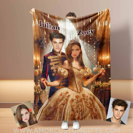 Blankets Personalized Princess And Prince Couple Blanket | Custom Face & Name Couple Blanket