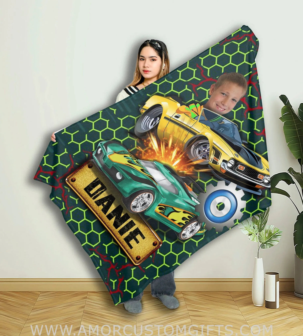Blankets Personalized Racing Car Boy Blanket | Custom Face & Name Vehicle Boy Blanket