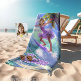Personalized Rapunzel Princess Summer Surfing Dancing On Surfboard Girl Beach Towel | Custom Name &