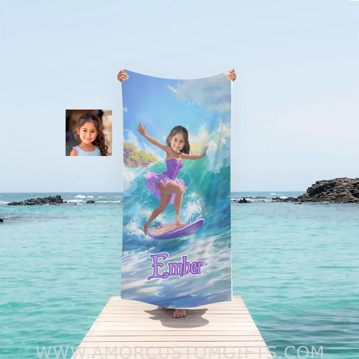 Personalized Rapunzel Princess Summer Surfing Dancing On Surfboard Girl Beach Towel | Custom Name &