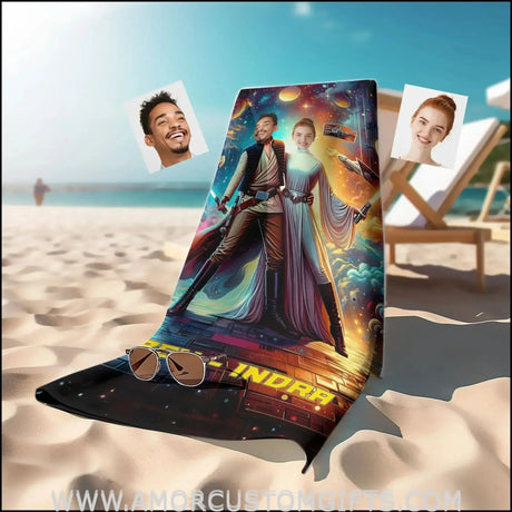 Towels Personalized Sci-fi Saga Galaxy War Couple Photo Beach Towel | Customized Name & Face Couple Towel