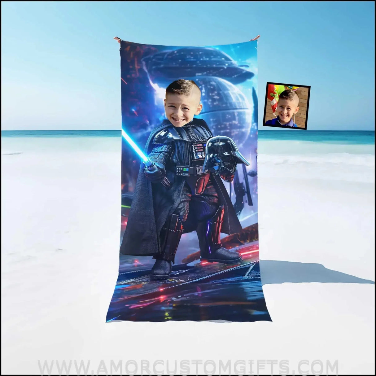 Towels Personalized Scifi Saga Star Wars Vader Boy Photo Beach Towel | Customized Name & Face Boy Towel