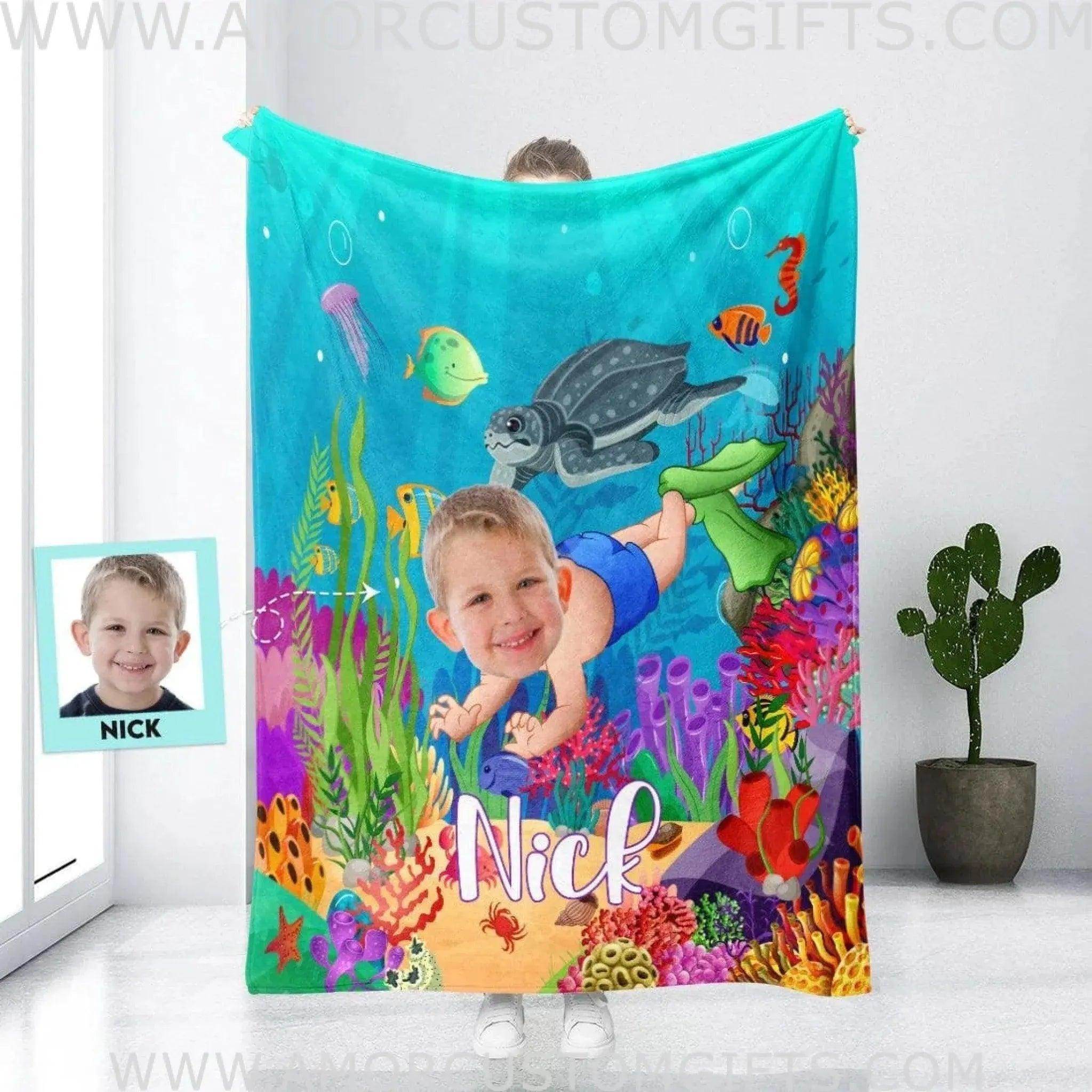 Personalized Sea Turtle Swimming Blanket Custom Face Name Boy
