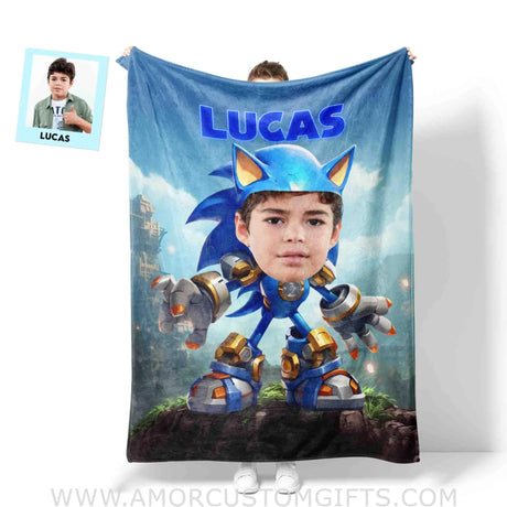 Blankets Personalized Sonic The Hedgehog Robot Style Blanket | Custom Name & Face Boy Blanket
