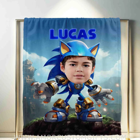 Blankets Personalized Sonic The Hedgehog Robot Style Blanket | Custom Name & Face Boy Blanket