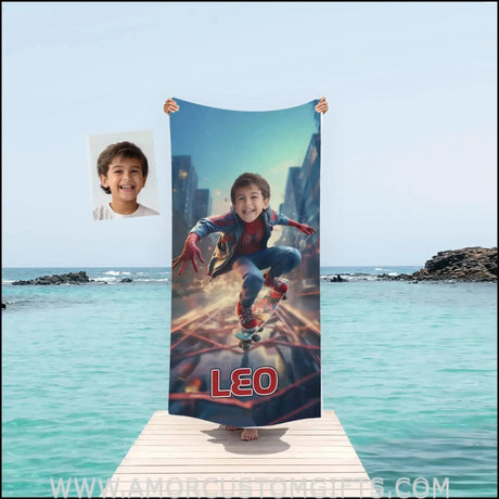Towels Personalized Spider Boy Skating Though City Beach Towel | Customized Superhero Theme Pool Towel
