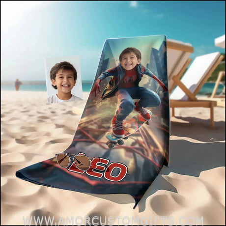 Towels Personalized Spider Boy Skating Though City Beach Towel | Customized Superhero Theme Pool Towel