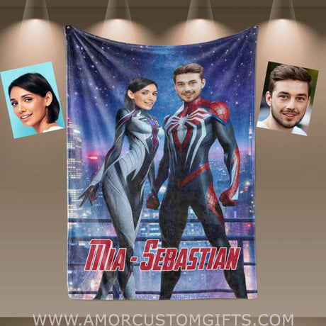 Blankets Personalized Spiderman Gwen Couple 1 Blanket | Custom Face & Name Couple Blanket