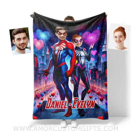 Blankets Personalized Spiderman Gwen Couple 2 Blanket | Custom Face & Name Couple Blanket