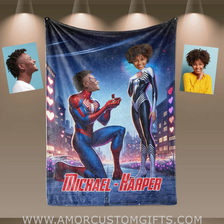 Blankets Personalized Spiderman Gwen Couple 4 Blanket | Custom Face & Name Couple Blanket