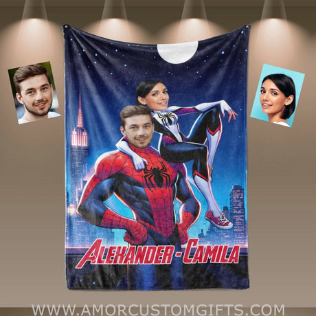 Blankets Personalized Spiderman Gwen Couple 5 Blanket | Custom Face & Name Couple Blanket