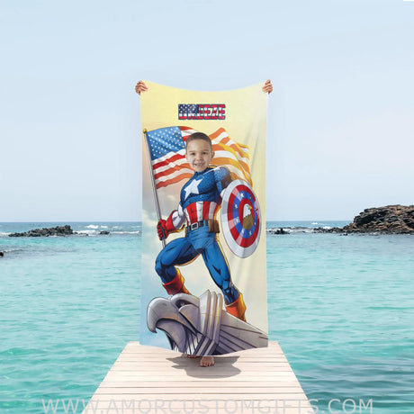 Towels Personalized Summer Superhero American Captain On Beach Towel