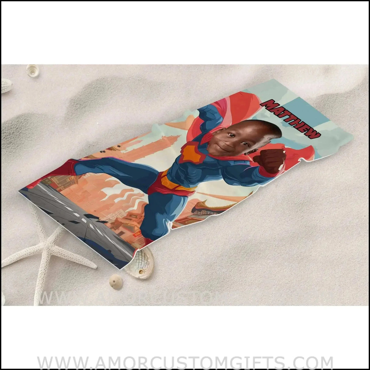 Towels Personalized Super Boy Japanese City Photo Beach Towel | Customized Name & Face Boy Towel